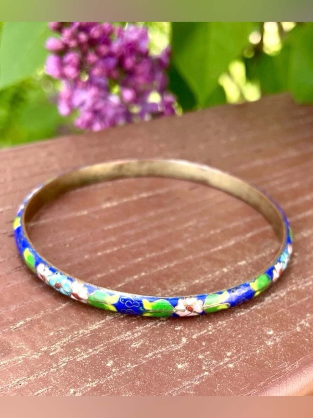 Vintage Blue Floral Cloisonne And Brass Bangle Bracelet